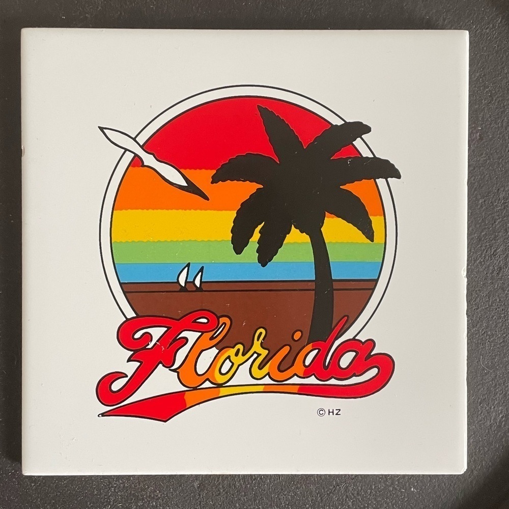 Vintage trivet ceramic tile Florida decor tray palm tree sunset 70s 80s